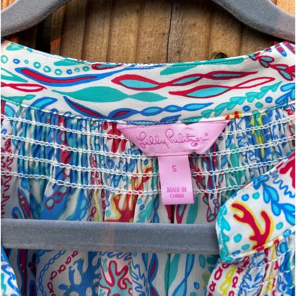 Lilly Pulitzer Blouse Silk Elsa Gold Button Lets Minnow Size Small - Picture 3 of 12